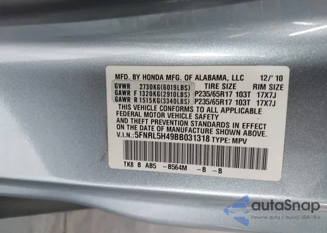2011 Honda Odyssey Ex from USA, damaged, VIN 5FNRL5H49BB031318